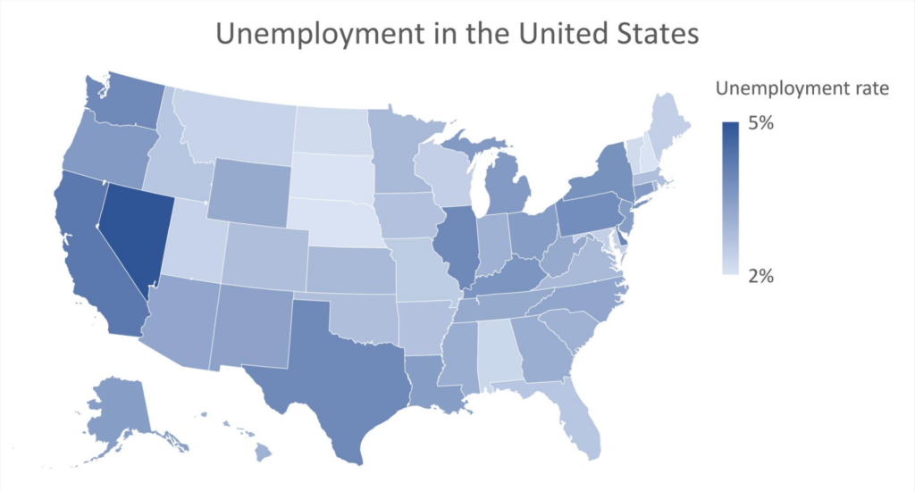 A map showing unemployment in the United States