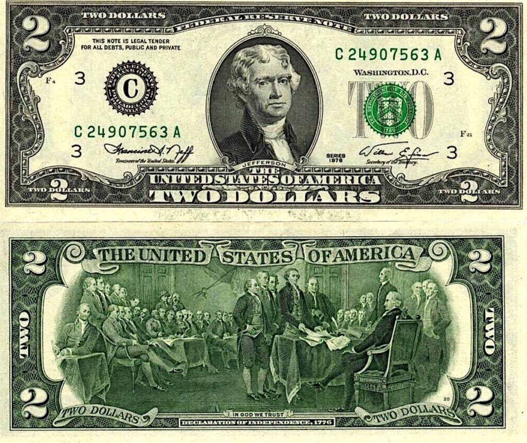 A $2 bill depicting the signing of the Declaration of Independence