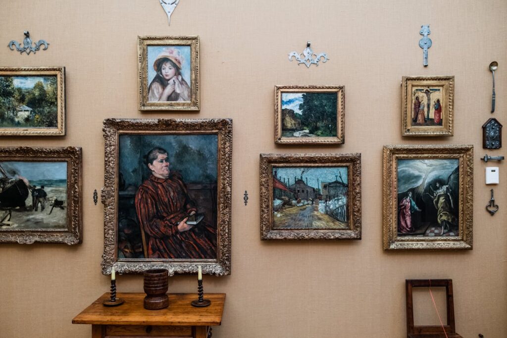 Art collection on a home wall