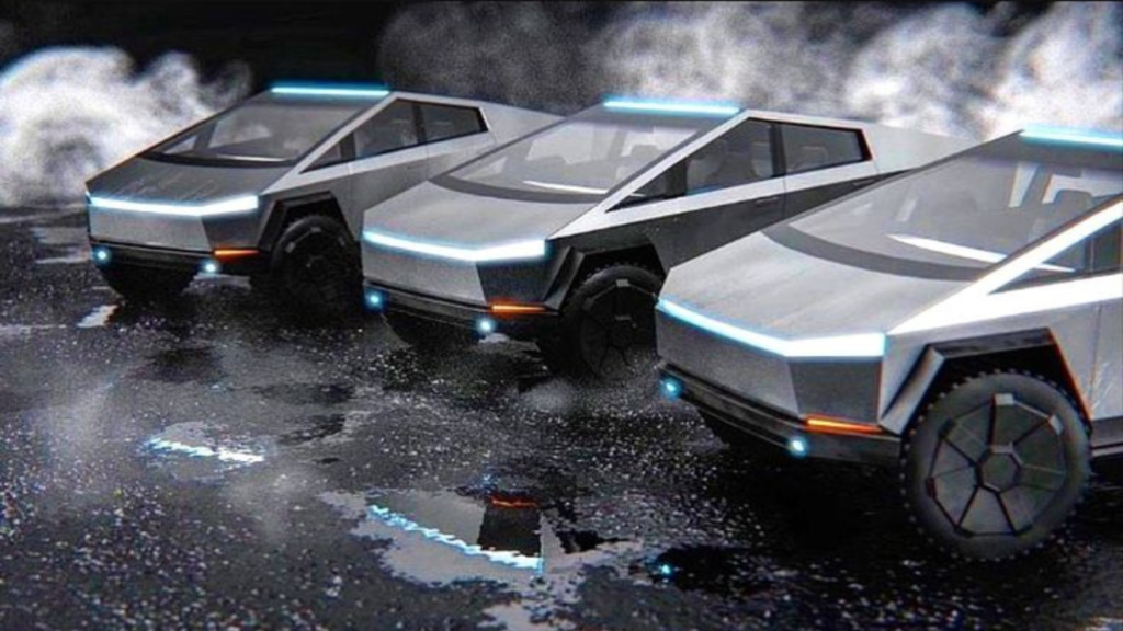 A line up of Tesla Cybertrucks