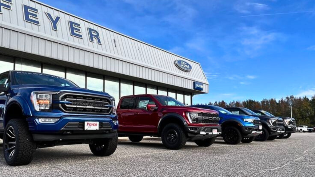 A lineup of Ford pickup truck