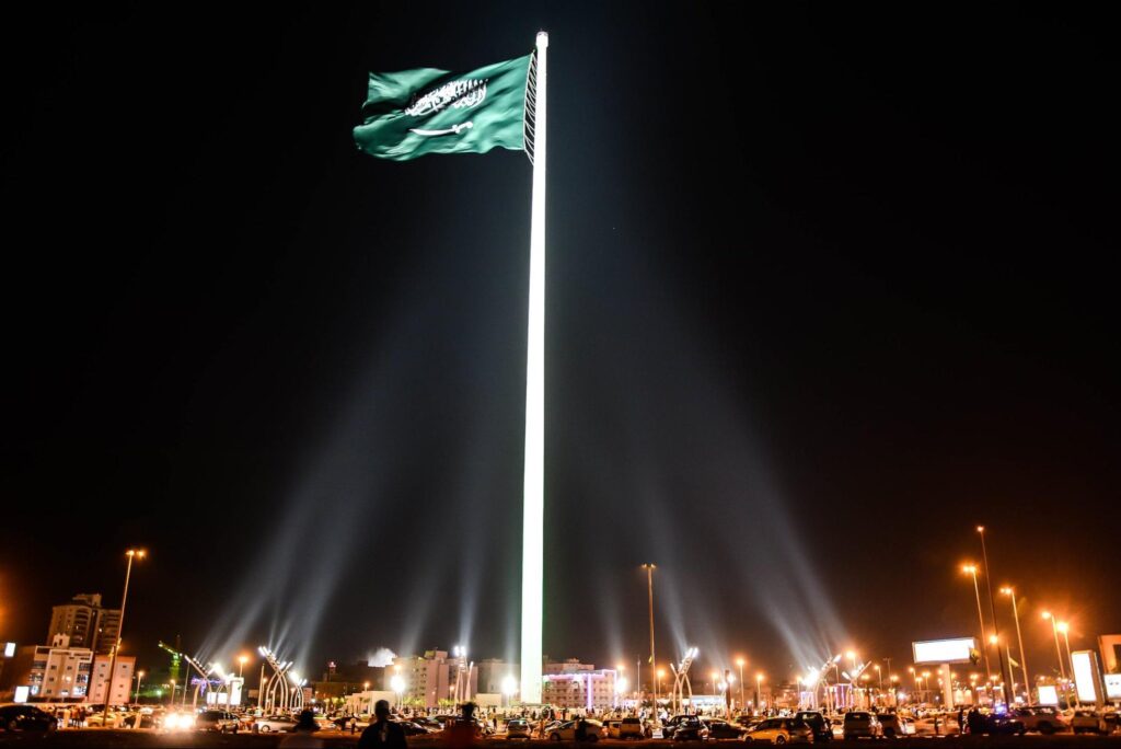 A hoisted flag of Saudi Arabia