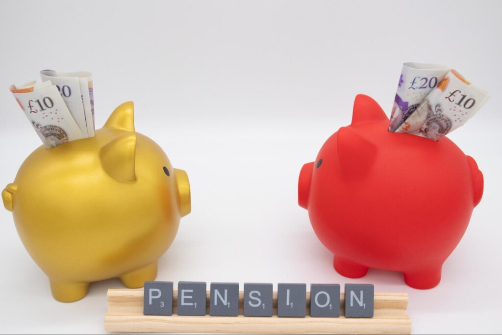 Letter tiles spelling the word pension and coins