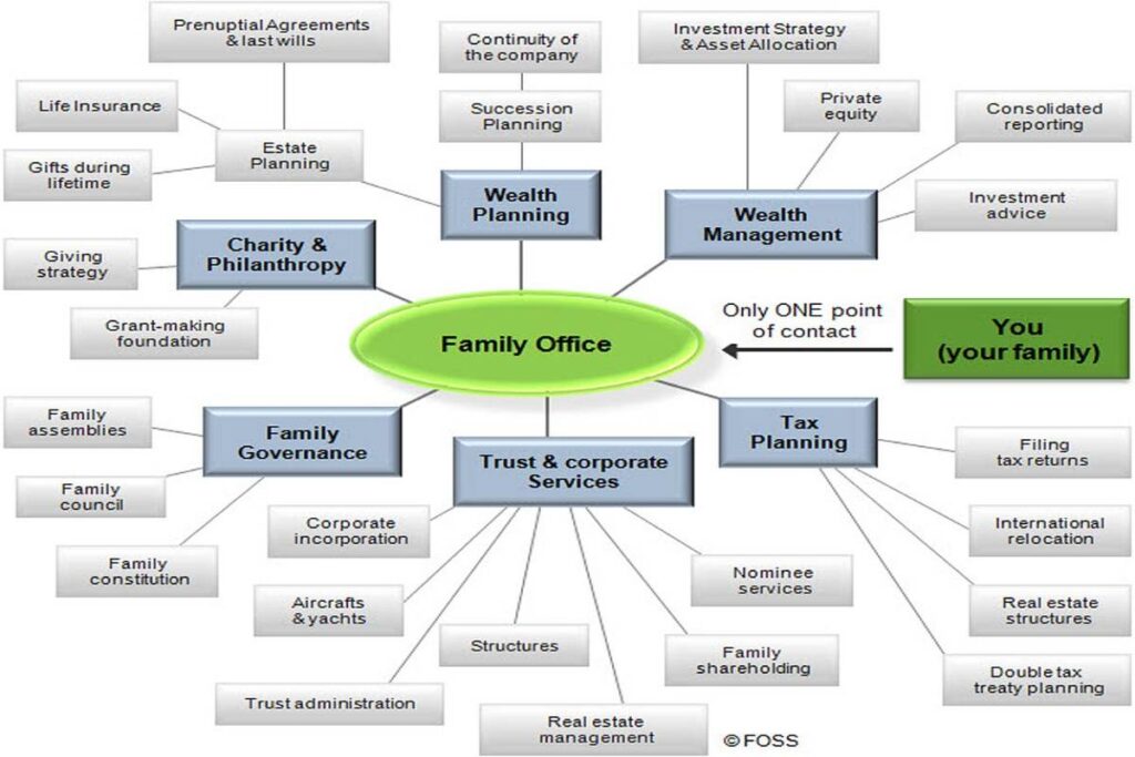 A chart showing different facets of family office operations