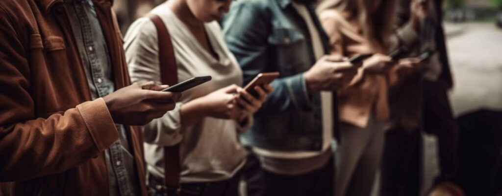 Digitally generated image of young adults starring at the smart devices