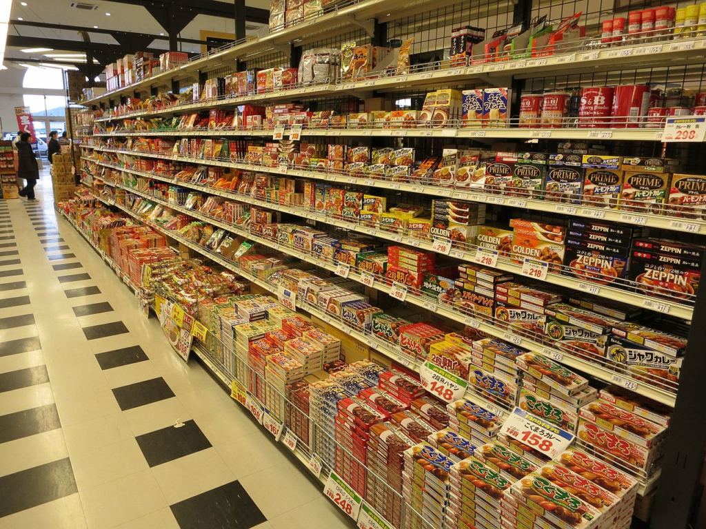 Assorted snacks on display at a retail store