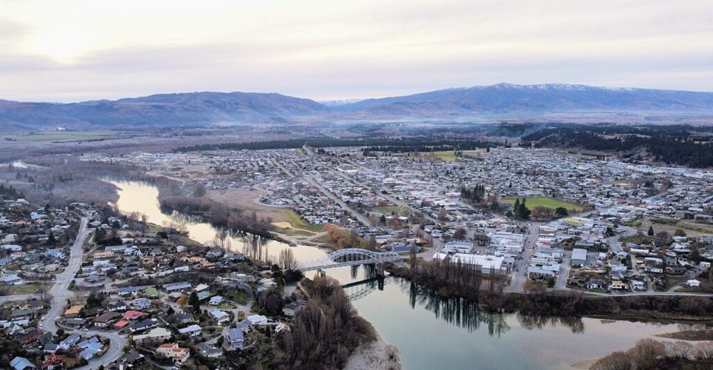 Alexandra, New Zealand, taken from a drone over the Clutha River