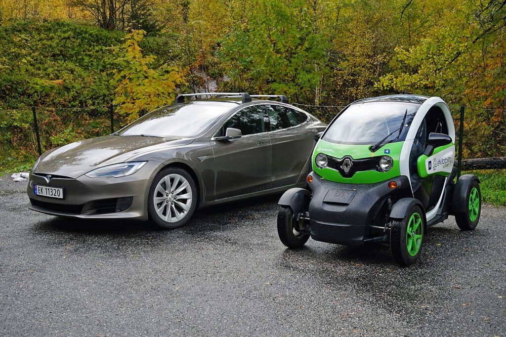 Electric cars, Tesla Model S (left) and Renault Twizy (right)