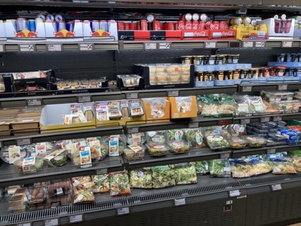 Snacks and beverages on a shopping aisle