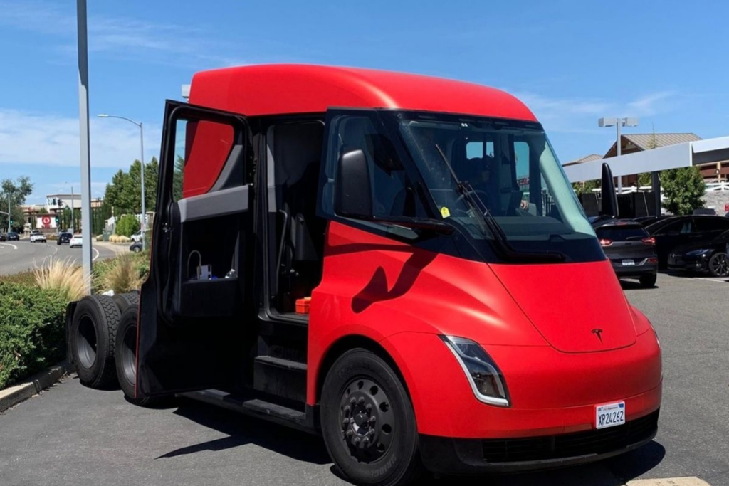 An image of a Tesla electric semi truck cab without the trailer.