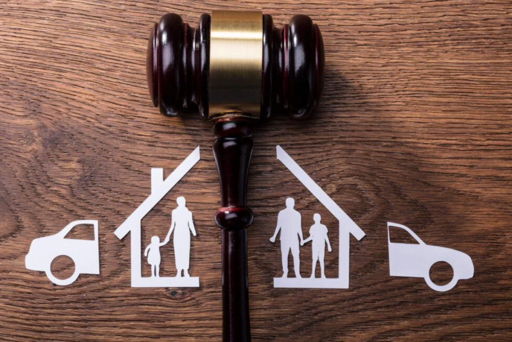 An image of a family house, and a car being divided by a gavel