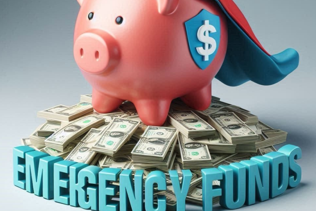 An image show me a piggy bank on a pile of money with emergency funds written on it