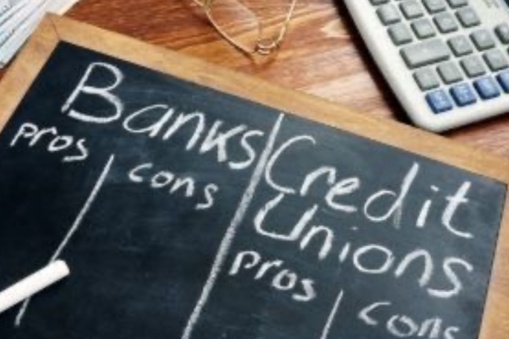 An image of a board with the pros and cons of banks and credit union written on it