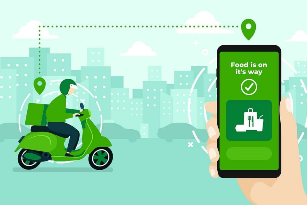 An image of a delivery app and a delivery driver