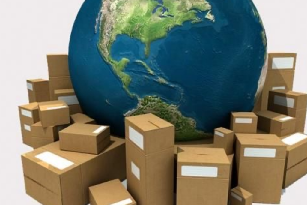 An image of parcels surrounding a globe