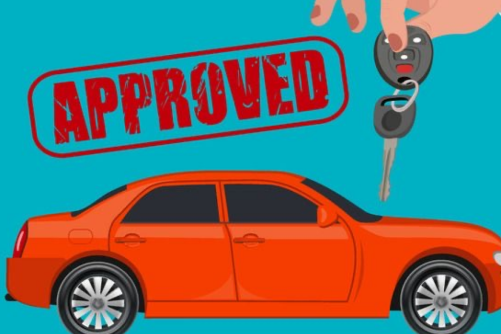 An image showing a car, a hand holding car keys, and a stamp of approval