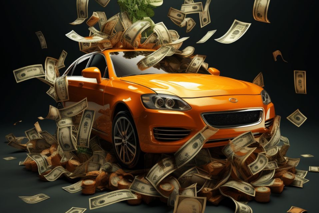 An image of a car surrounded with some money around it