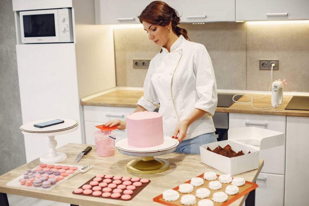 Young woman in an apron preparing desserts