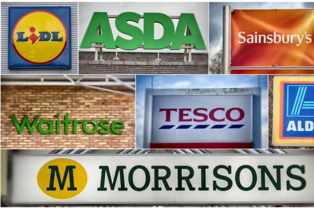 Logos of biggest supermarkets in the UK high street retailer