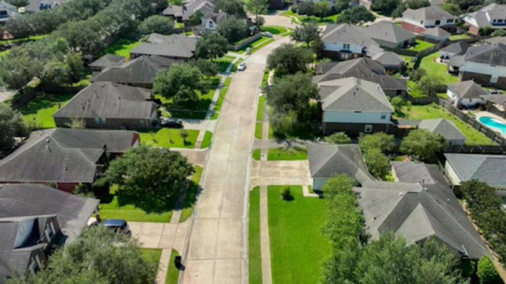 An aerial view of a residential area