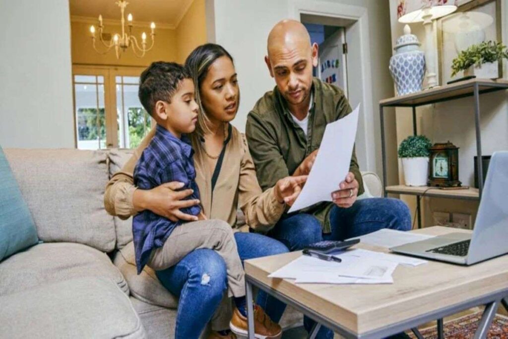 A family of three having a conversation