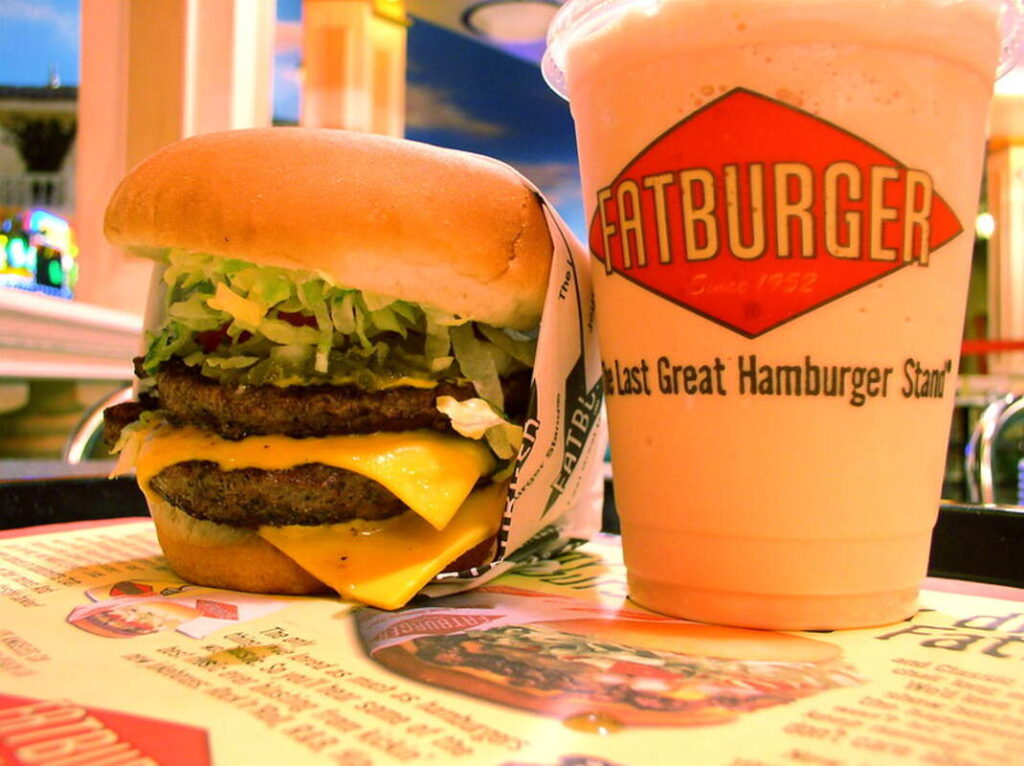 A Double Fatburger with Bacon and a Strawberry Shake