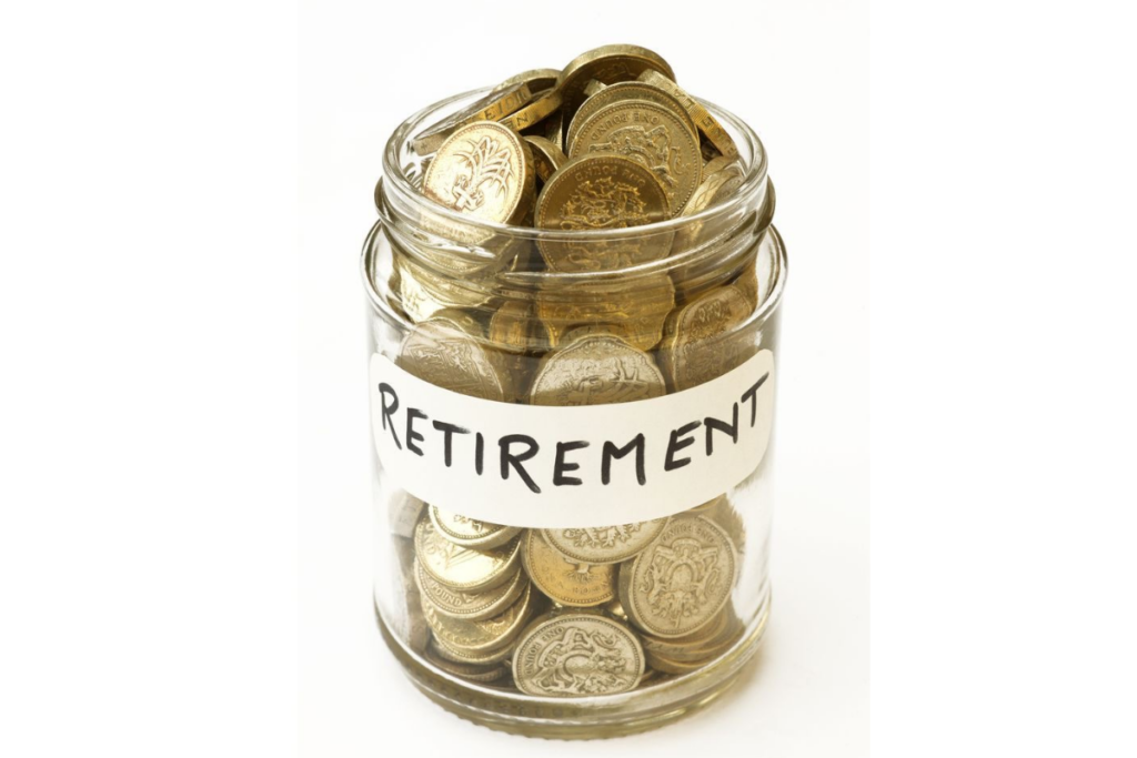 An image of a jar full of coins labeled retirement 