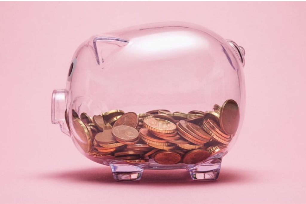 An image of a transparent piggy bank with coins in it.