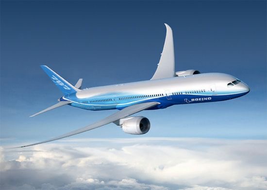 An image of a Boeing plane flying in the sky