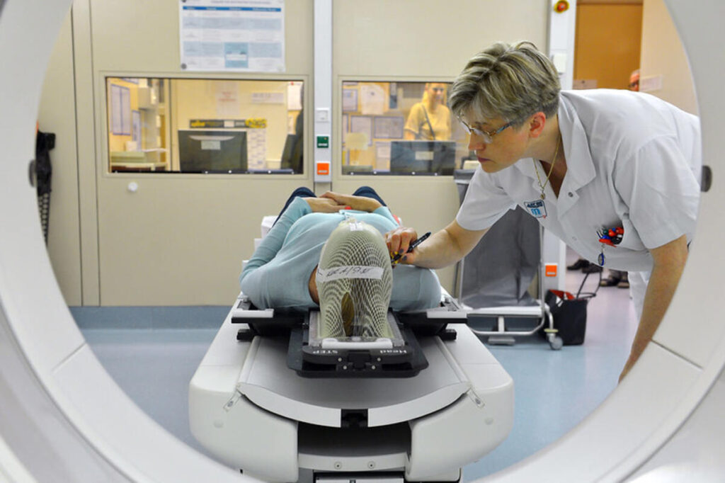 Demonstration of a patient set up for radiotherapy