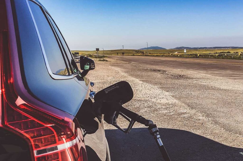 Gas fill up in Lusk, Wyoming, on a cross-country road trip