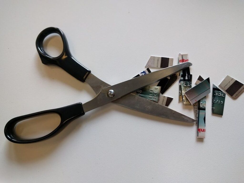 Scissors and pieces of shredded-up credit card