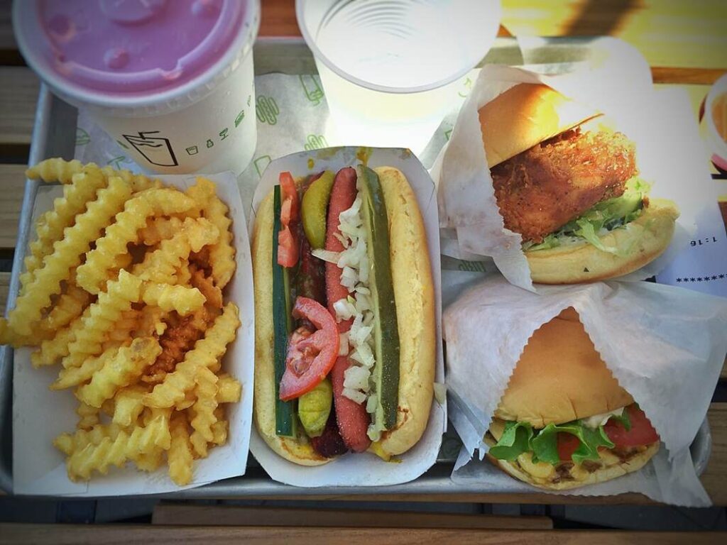 Shack Burger, Chick-n Shack, Shack-cago Dog, Crinkle cut fries