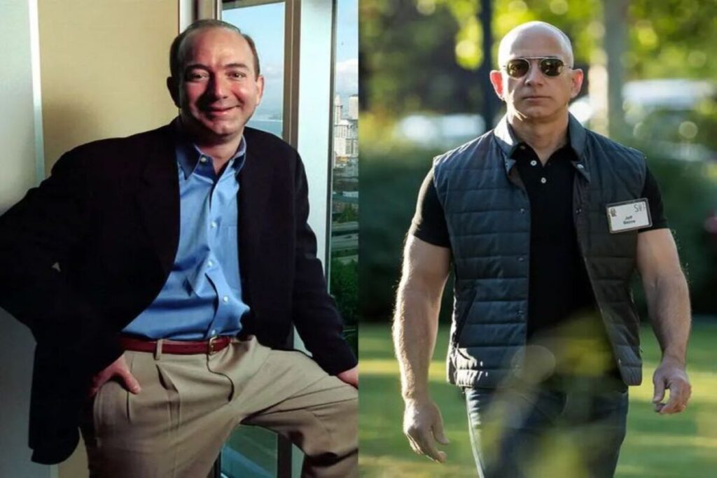 A collage of Bezos i valuationn the early days of Amazon and close to $2 trillion