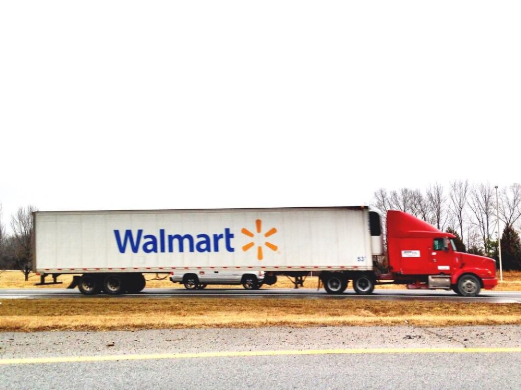 A haulage truck belonging to Walmart on a highway