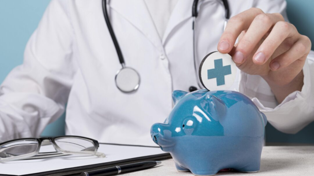 A doctor saving in a piggy bank