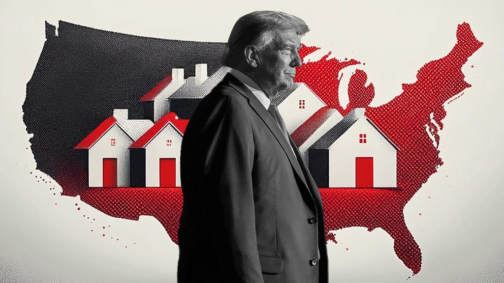 Donald Trump posing in a background model of housing structures