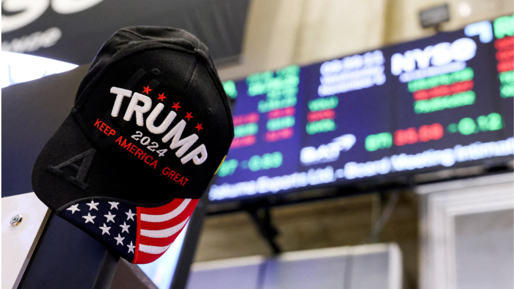 A Trump-designed cap with a screen showing stock values