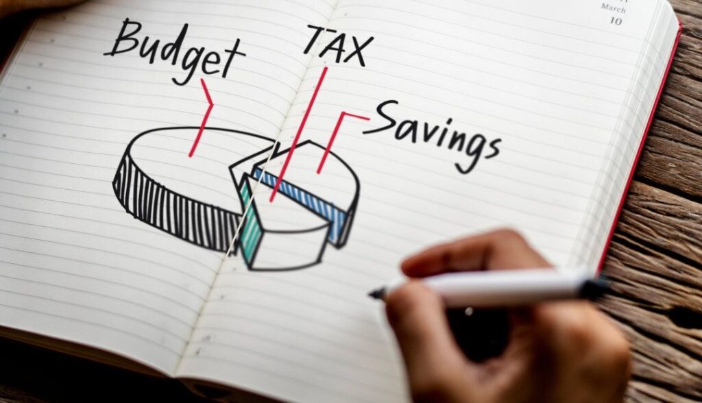 An image of a book showing budget, tax, savings