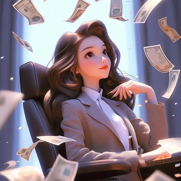 An image of a woman working  with  money falling around her