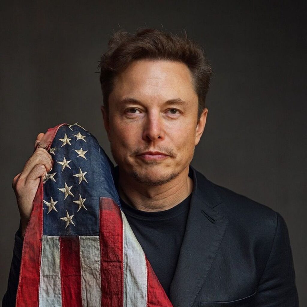 An image of Elon Musk holding the American flag