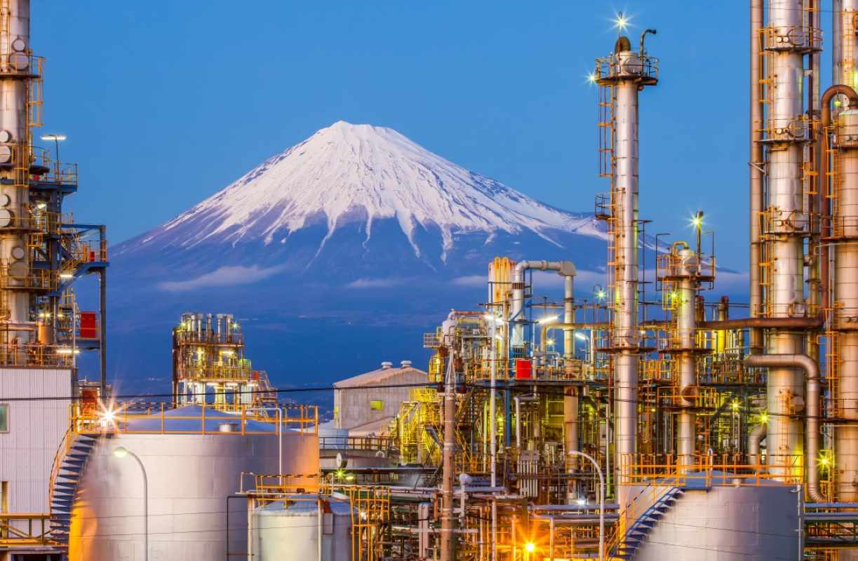 Japan’s industrial zone and Mount Fuji inset