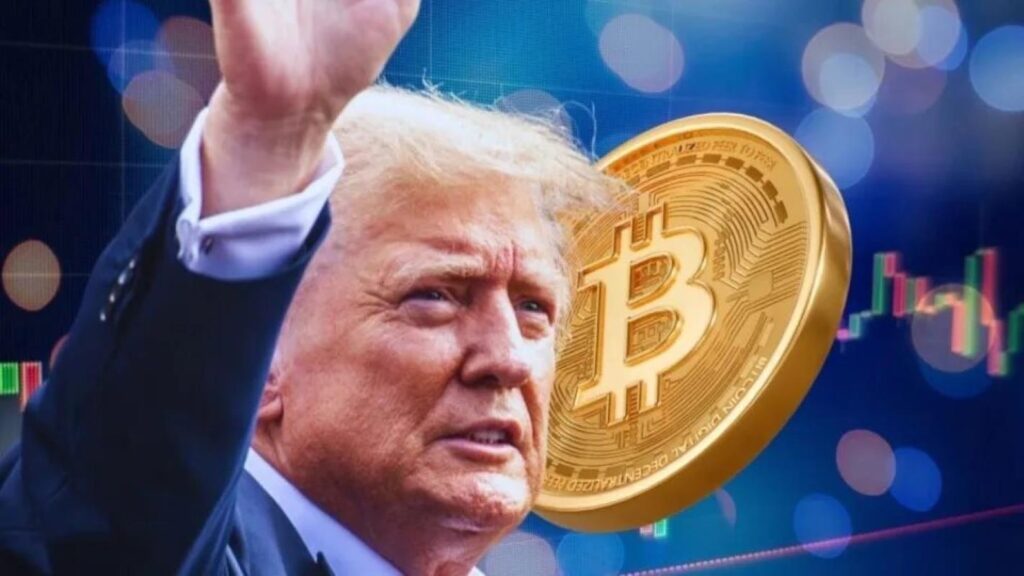 An edited image of Trump with a Bitcoin inset