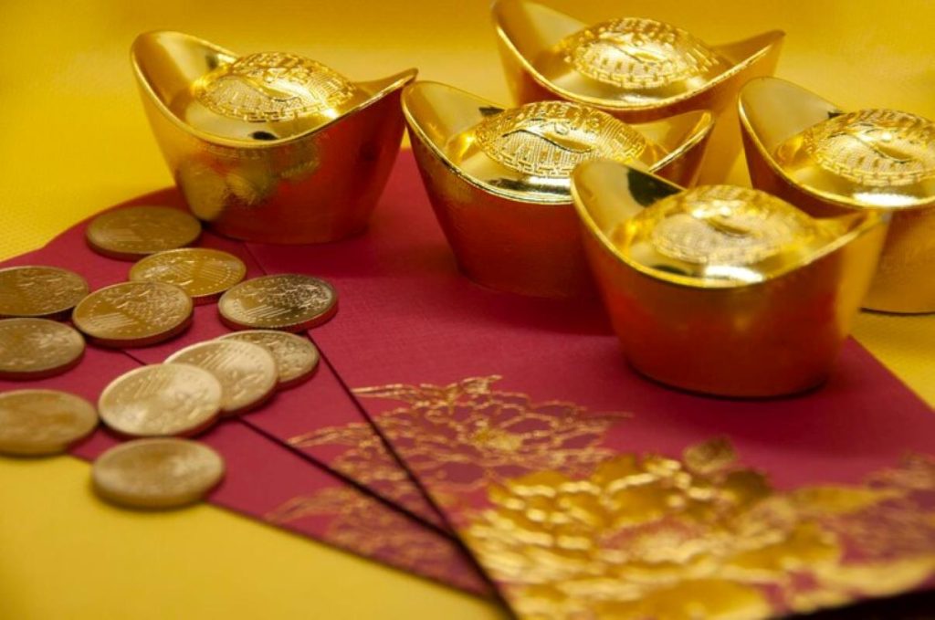 Chinese New Year packets with Chinese Gold Ingots and coins