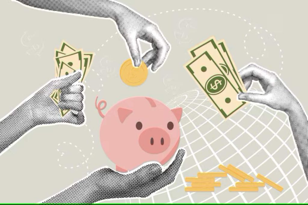 A clipart of several hands trying to put money in a piggy bank