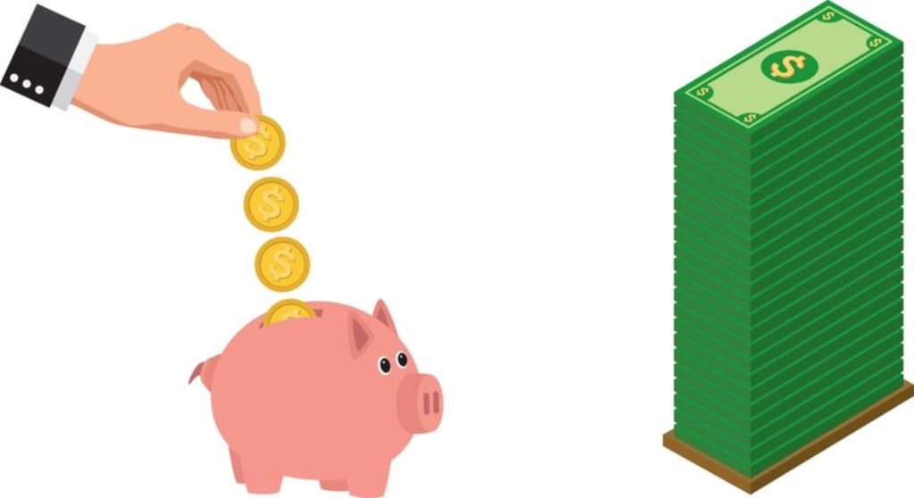 Clipart with a piggy bank and a tall wad of cash